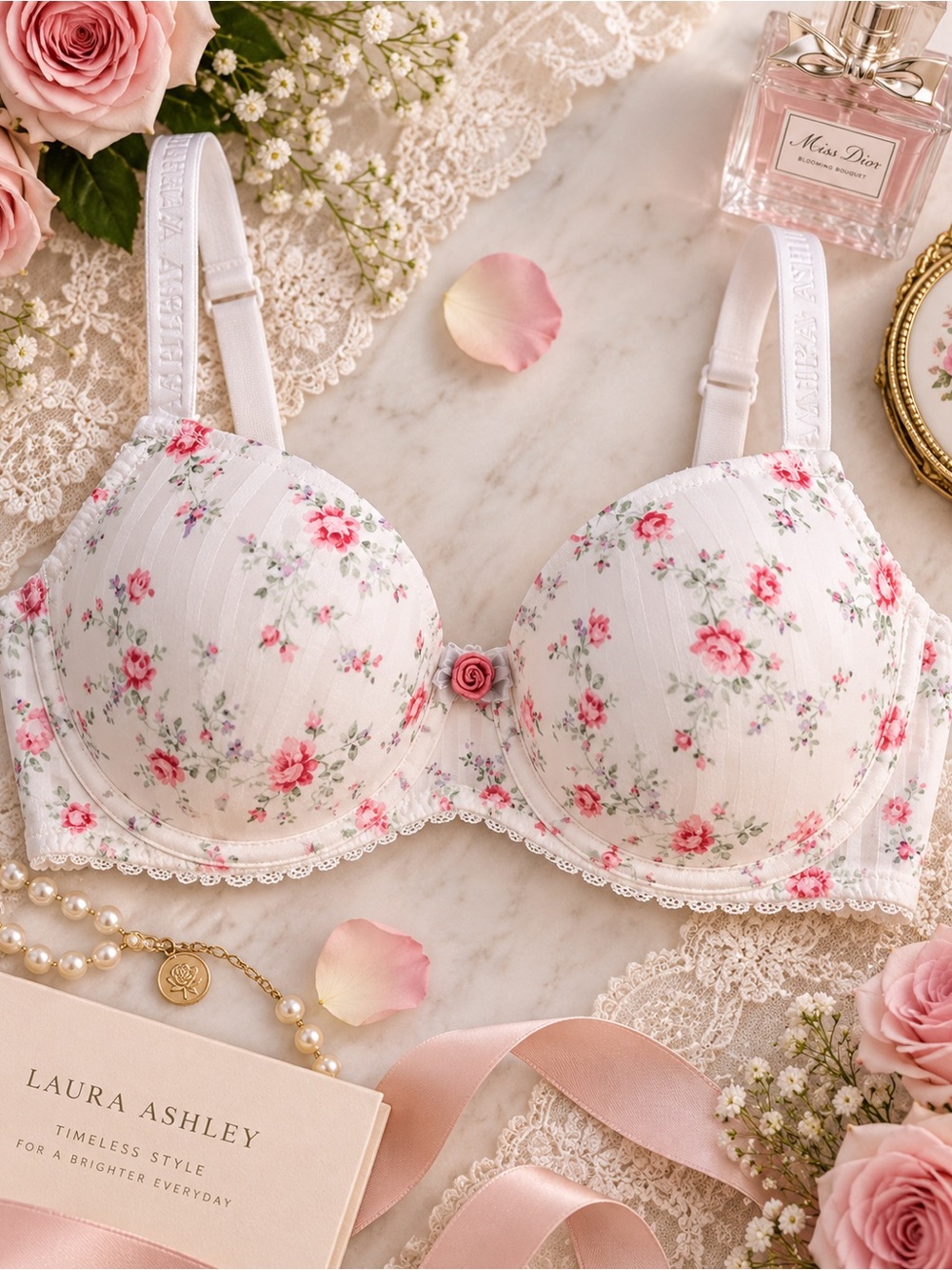 NWT Laura Ashley 34C Floral Push-Up Bra Pink Rose Lace Underwire